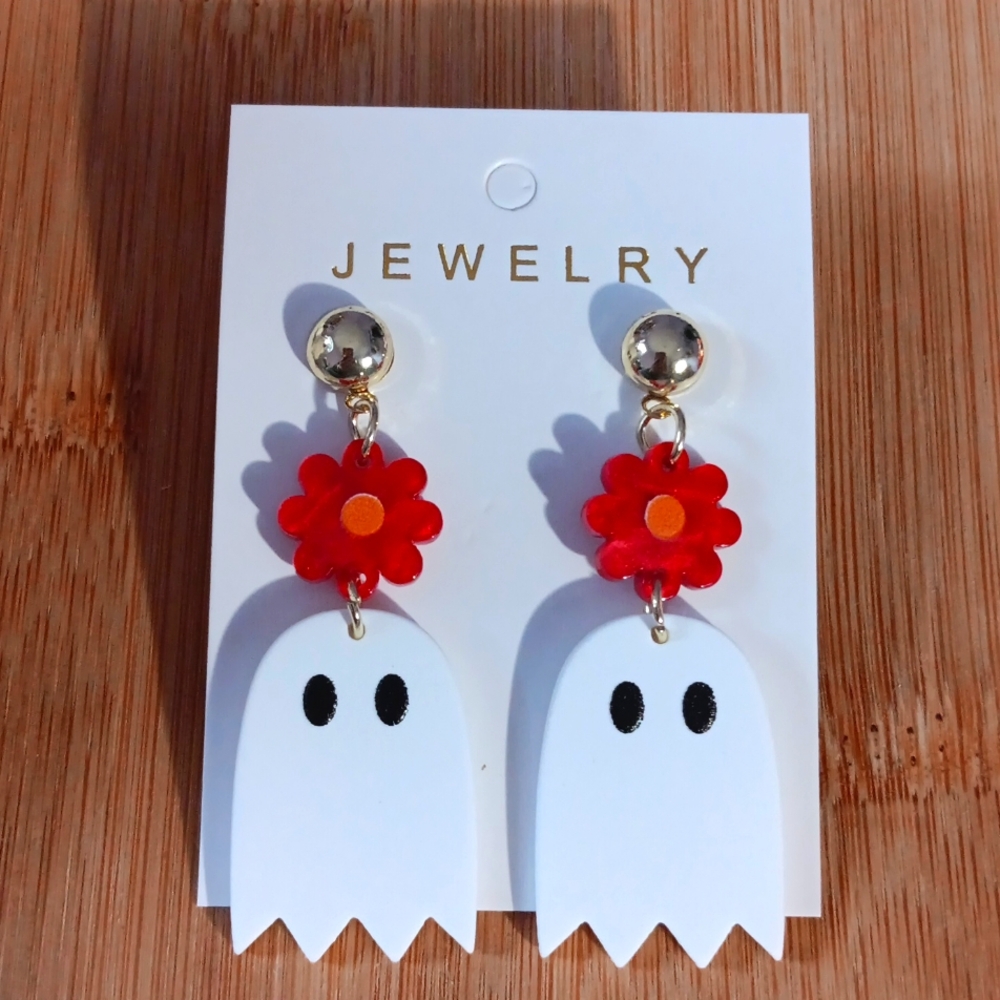 "Pretty Ghost" Floral Acrylic Ghost Dangle Drop Earrings New!